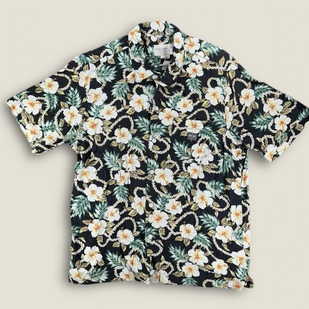 Denim & Supply Ralph Lauren Hawaiian Shirt Medium M Black Floral‎ Viscose BoHo